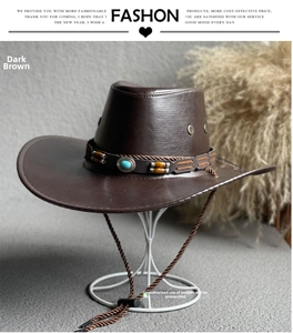 Detail of dark brown leather cowboy hat with turquoise buckle and adjustable cord