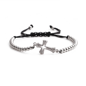Adjustable cross bracelet with sparkling cubic zirconia and black woven cord for couples