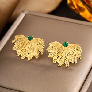 Vintage 18K gold plated feather fan leaf earrings with green malachite stone inlay