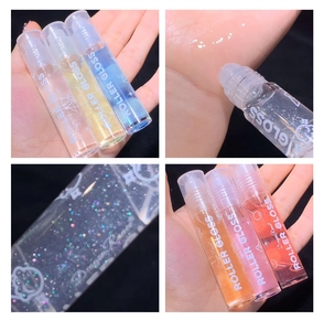 Macro collage showing rollerball lip gloss texture with shimmering glitter effects