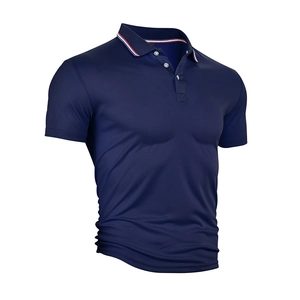 Detail of navy blue polo shirt featuring striped collar and premium fabric texture