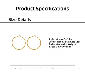Polished 18K gold-plated 60mm stainless steel hoop earrings with size specifications