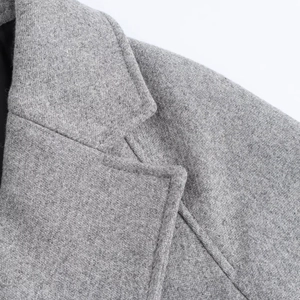 Macro detail of the gray wool coat collar showing premium twill fabric and stitching