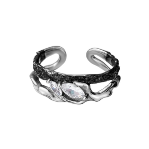 Dual-layer S925 silver ring featuring black bark texture and sparkling zircon stones
