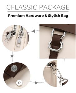 Detail of hardware components including smooth zippers and metal hooks on crossbody bag