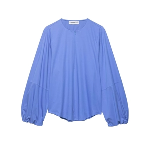 Blouse À Manches Bouffantes En Polyester À Manches Lanternes Col Rond Plis Au Dos Haut Pour Femme Chemise Décontractée Chic