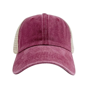 Washed burgundy baseball cap with breathable beige mesh back and vintage distressed finish