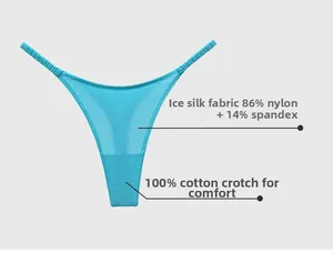 Detail of blue ice silk thong fabric with 100% cotton crotch for comfort