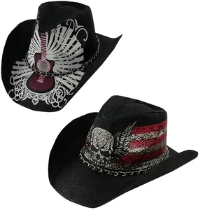Western Cowboy Hat Woven Breathable Sunshade Skull Guitar Print Punk Rock Style Metal Chain Decor Polyester