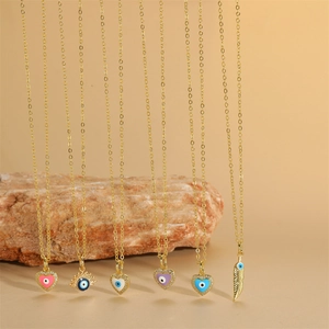 Evil Eye Pendant Necklace Copper Enamel Zircon Heart Feather Sun Shape Vintage Bohemian Jewelry For Women