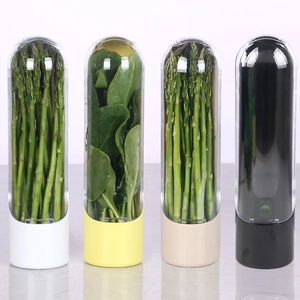Herb keeper set with transparent cylinders and multi-colored bases for fresh vegetable storage