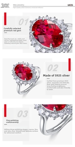 Detailed macro view of S925 silver ring featuring a large oval ruby and diamond halo