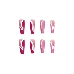 Long ballerina press-on nails with rose red gradient and white wavy line patterns