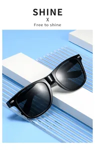 Classic black frame sunglasses with metal rivets on a geometric blue background