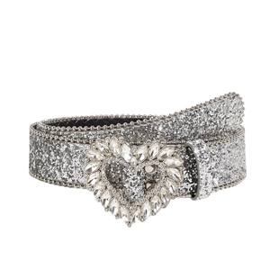 Sparkling silver belt with heart shaped rhinestone buckle and glittery strap for women