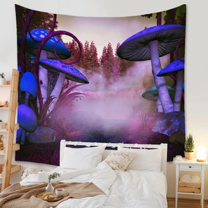 Detail of bohemian fantasy mushroom tapestry on a cozy bedroom wall background