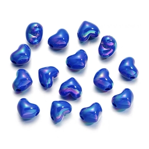 Macro shot of 15 iridescent blue-purple heart-shaped beads for jewelry making DIY