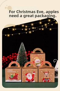 Detail of kraft paper Christmas gift box with handles and festive cartoon illustrations