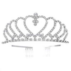 Detail of silver heart-shaped tiara with crystals and integrated hair combs for styling