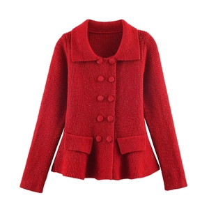 Red double-breasted knit cardigan with large lapels and textured finish for women