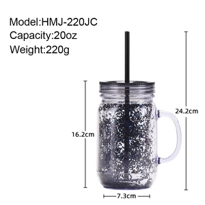 20oz double-wall plastic mason jar with handle, black glitter insert and straw dimensions