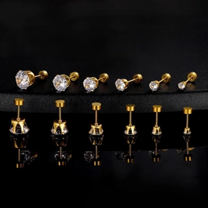 Set of 6 pairs of gold stainless steel stud earrings with clear zircon stones in various sizes