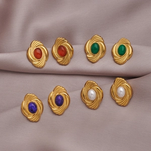 Vintage Stud Earrings For Women Stainless Steel Gold Plated Faux Artificial Pearl Turquoise Swirl Shell Design Retro Jewelry