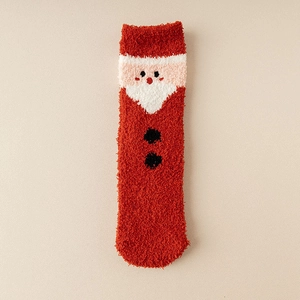 Dicke rote Korallenvlies-Weihnachtssocken mit 3D-Weihnachtsmann-Gesicht und Knöpfen