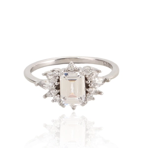 Emerald Cut Zircon Ring 925 Sterling Silver Marquise Accent Wedding Engagement Jewelry For Women Elegant Platinum Plated