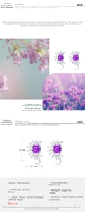 Detailed view of 925 silver floral earrings with oval purple high-carbon diamonds