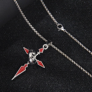 Gothic silver stainless steel cross necklace with red enamel and circular metal ring accent