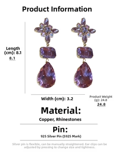 Detail view of purple crystal drop earrings with 8.1cm length and S925 silver pins