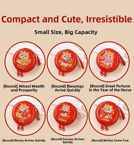 Detail of six red round tinplate coin purses featuring festive zodiac patterns and wrist straps
