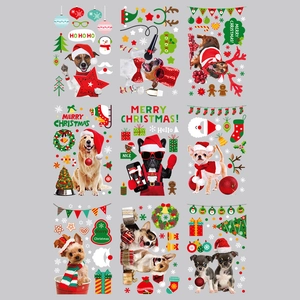 Christmas window decals set featuring nine cartoon dogs with festive Merry Christmas motifs