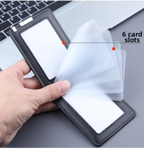 Detail view of ultra-thin leather card holder with 6 slots and a metal back clip