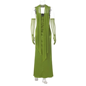 Back view of sleek green satin gown with long flowing tulle streamers and matching gloves
