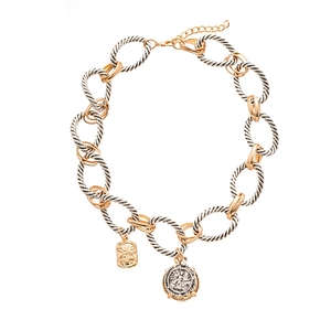 Collana a catena bicolore retrò con ciondoli a moneta antica e targhetta rettangolare