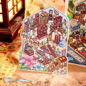 3D kaleidoscope landscaping stickers with vintage illustration for DIY scrapbooking