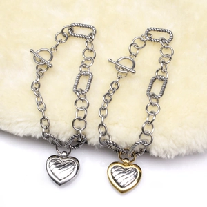 Retro stainless steel heart pendant bracelets with toggle clasp in silver and gold duo-tone