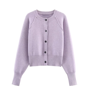 Women Knitted Cardigan Sweater Button Down Crew Neck Raglan Long Sleeve Ribbed Solid Color Sweet Casual Top