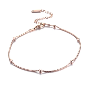 Elegant rose gold titanium steel bead anklet with snake chain and adjustable lobster clasp