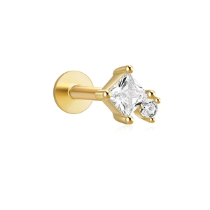 Detail of gold S925 sterling silver ear stud with square and round zircon stones