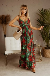 Close-up of tropical print detail on bohemian V-neck sleeveless maxi dress with foliage patterns