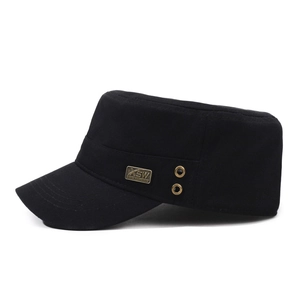 Classic black cotton canvas cadet cap with metallic brand plate and side air vents