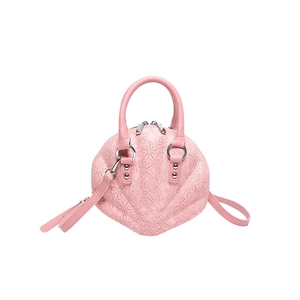 Pink lace shell bag with floral embroidery, silver hardware and adjustable shoulder strap