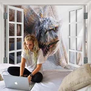 3D dinosaur wall tapestry showing realistic T-Rex breaking through a white window frame