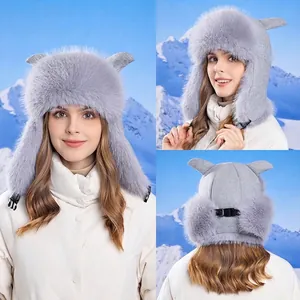 Women Winter Trapper Hat Usanka Faux Fur Plush Earflap Hat Windproof Warm Outdoor Riding Hat With Sheep Horn Animal Ears