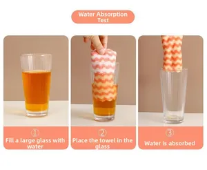 Visual demonstration of absorbent coral fleece dishcloth showing rapid liquid suction steps