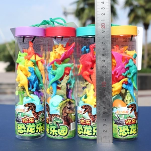 Detailed view of four colorful plastic dinosaur toy buckets with ruler measuring height