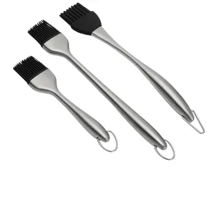 Three-piece stainless steel silicone brush set for BBQ and baking with hanging loops